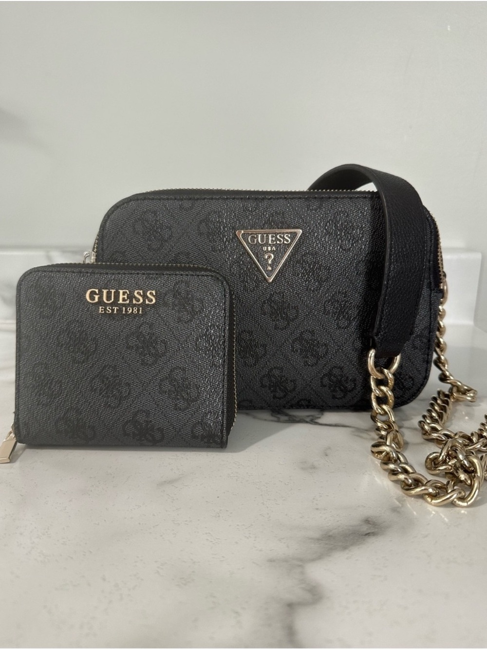 Guess Black Logo Print Crossbody with Wallet Set